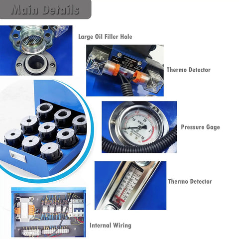 Heavy Duty Electric Hose Crimping Machine And Hydraulic Tube Neck Shrinking Tool With Ten Precision Dies For Rubber Pipe Clamping Press 220V internal components including pressure gauge and thermo detector.