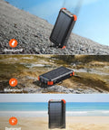 High Capacity Solar Power Bank 45800mAh with fast charging, built-in cables, shown as shockproof, waterproof, dustproof outdoors
