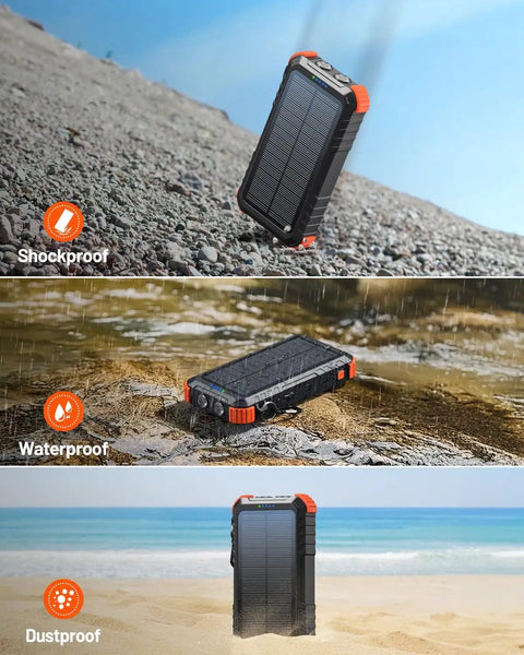 High Capacity Solar Power Bank 45800mAh with fast charging, built-in cables, shown as shockproof, waterproof, dustproof outdoors