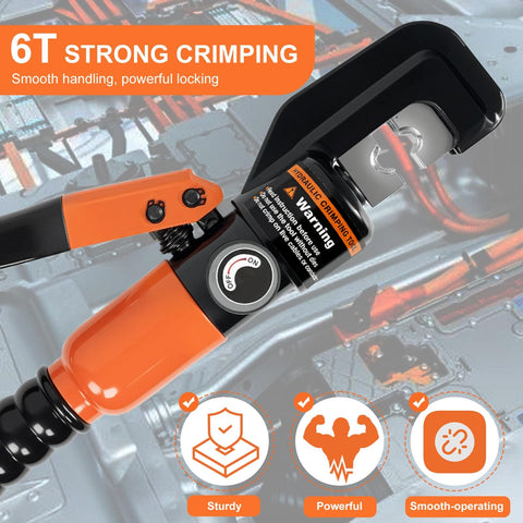 Beefed Up Hydraulic Crimping Tool Kit With 9 Dies For Battery Cables And Wire 12 AWG To 2/0 AWG Copper Aluminum Stainless Steel 6 Ton Crimper Ideal For Automotive And Marine Electrical Projects Durable Build For Quick Consistent Crimps.