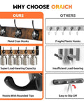 Comparison of metal coat hooks vs. fragile plastic hooks on wall mount coat rack with shelf and hooks, no-fuss space saving entryway organizer.