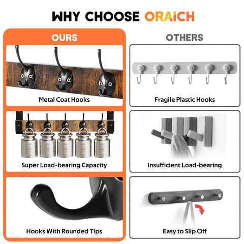 Comparison of metal coat hooks vs. fragile plastic hooks on wall mount coat rack with shelf and hooks, no-fuss space saving entryway organizer.