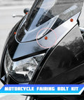 195 Piece Stainless Steel Motorcycle Fairing Bolt Kit With Bolts Screws Nuts Washers Clamps And Self Tapping Screws Universal Windshield Fasteners For Dirt Bikes Scooters Motocross In Orange shown on a motorcycle windshield