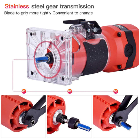 800W Palm Router Tool showcasing durable aluminum and plastic build with 12pc 1/4 inch bit set for woodworking edge routing