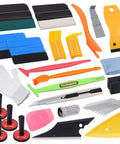 Vinyl wrap applicator tool kit for car wrapping with blue felt squeegees, orange scraper, blades, gloves and cloth