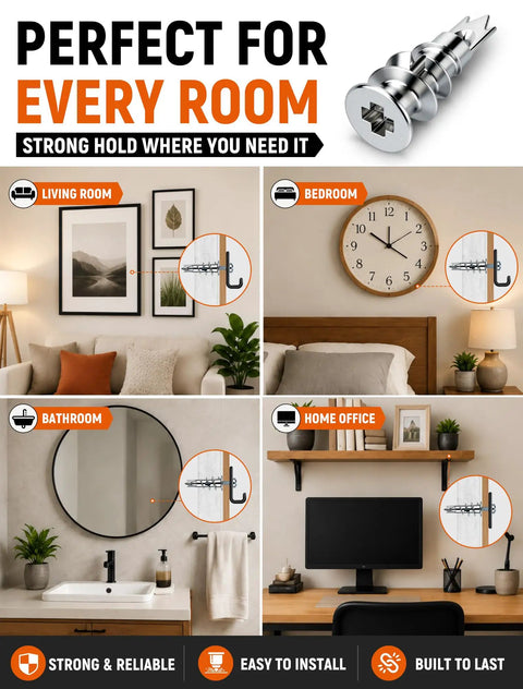 Heavy Duty Metal Self Drilling Drywall Anchors Featuring Dual Sized Screws in various room settings for versatile use.