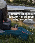 Person sitting in a Cosmic Synthetic Fill 40 Degree Backpacking Sleeping Bag With Compression Straps in nature scene.