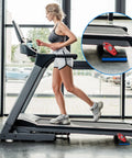 Woman running on treadmill using Eight Pack Beefy Rubber Anti Vibration Pads 4 Inch Square Seven Eighths Inch Thick for heavy duty floor protection