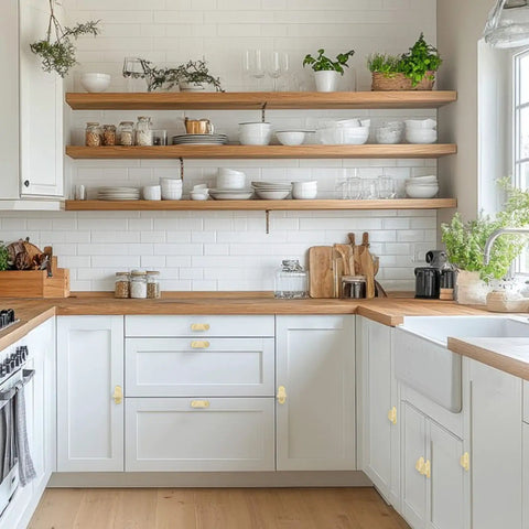 Gold Cloud Shaped Cabinet Knobs 6 Pack With Backplates for Cabinets in white kitchen with wooden shelves and countertops