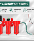 Heavy Duty Three Stage Air Drying System For Compressors Featuring Coalescing Filter Integrated Desiccant Dryer And Adjustable Pressure Regulator, aluminum body, three filters and gauge.