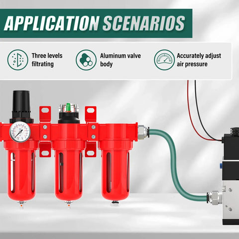 Heavy Duty Three Stage Industrial Air Drier Built Tough With Aluminum Body and Precision Pressure Regulator on display.
