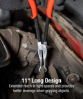 11 Inch Hose Gripper Pliers Set used in tight automotive space, showing long reach handles and round jaws for 5/16, 1/2, 3/4 inch hoses