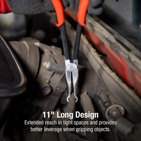 11 Inch Hose Gripper Pliers Set used in tight automotive space, showing long reach handles and round jaws for 5/16, 1/2, 3/4 inch hoses