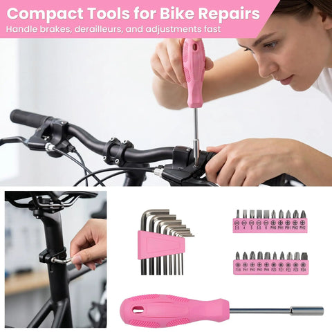 Must-Have Women 136-Piece Home DIY Tool Set With Rose Toolbox Portable Hand Tool Kit for Home Repairs shown adjusting bike
