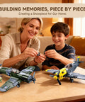 Mother and son assembling World War II Spitfire and BF109 1 to 32 Scale Building Block Set together on a table.