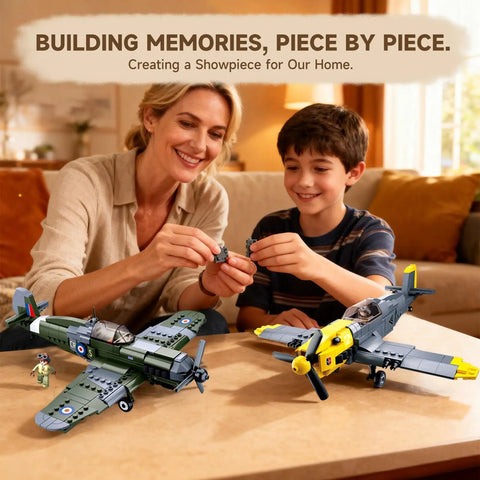 Mother and son assembling World War II Spitfire and BF109 1 to 32 Scale Building Block Set together on a table.