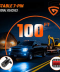 GEARPASS magnetic trailer lights kit; front view of black pickup towing trailer with excavator; inset light modules