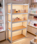 Badass Five Tier Laminated White Metal Shelving Unit For Tight Garages And Basements Holds Everything You Own No Mess Just Clean Storage That Stays Fully Adjustable For Your Warehouse And Pantry Needs with beauty products arranged.