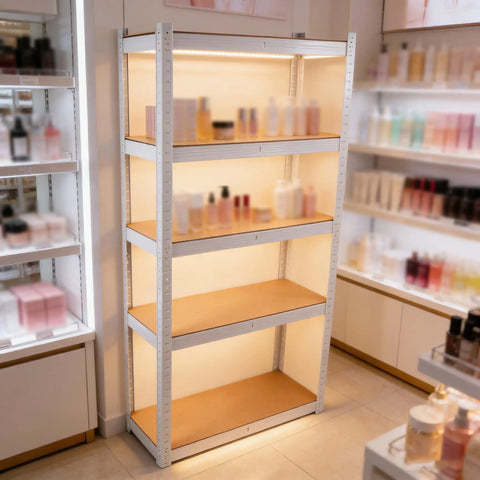 Badass Five Tier Laminated White Metal Shelving Unit For Tight Garages And Basements Holds Everything You Own No Mess Just Clean Storage That Stays Fully Adjustable For Your Warehouse And Pantry Needs with beauty products arranged.