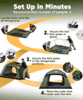 Go To Family Size Four Person Camping Tent with setup instructions, showing steps to assemble tent with two doors and rain fly.
