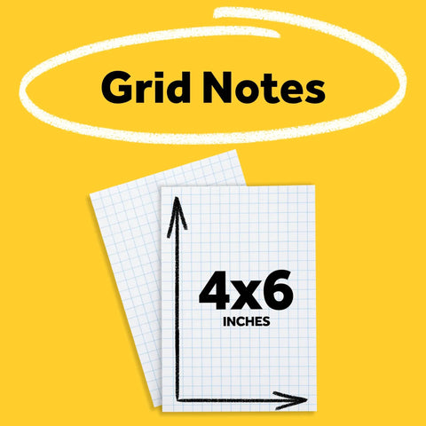 Sticky Grid Notes 4x6 Inches, 6 Pads With 50 Sheets Each, White Paper With Blue Grid shown with grid design and size indication.