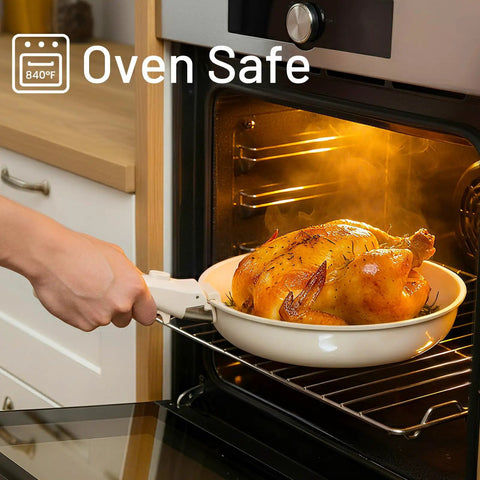 Nonstick Ceramic Pots And Pans Set With Detachable Handles used in oven with roasted chicken