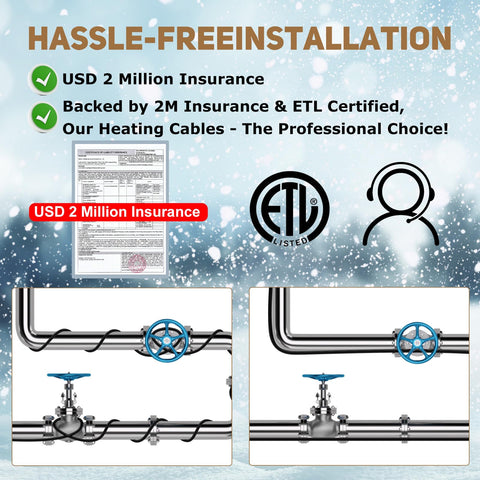 ETL certified heating cable with insurance badge on metal pipes, Self Regulating Pre Assembled Heating Cable 125 Feet 120V For Roof Deicing And Pipe Freeze Protection No Fuss Ready To Use Outdoor Winter Solution ETL Certified And UL Listed Plug Durable Weather Ready Heating Cable