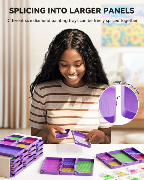 Woman using 30 Piece Stackable Tray Set For Diamond Art Kits With Interlocking Trays And Tools For Adults Purple Color