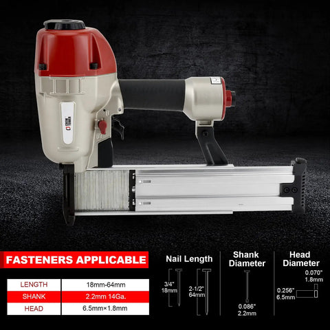 Powerhouse Heavy Duty 14 Gauge Concrete Nailer T Nail Gun showing dimensions and specifications.