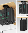 Adjustable Heavy Duty Under Desk PC Mount With Adjustable Computer Tower Stand, securely holding a desktop tower beneath a wooden desk.