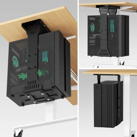 Adjustable Heavy Duty Under Desk PC Mount With Adjustable Computer Tower Stand, securely holding a desktop tower beneath a wooden desk.