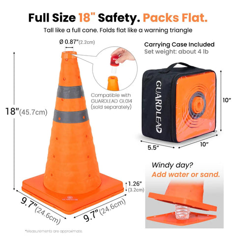 4 Pack 18 Inch Collapsible Traffic Cones With Reflective Collars Multi Purpose Pop Up Road Safety Cones For Quick Setup Detours Parking And Construction Durable High Visibility At Night MUTCD Compliant, side view showing dimensions and carrying case