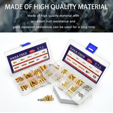 Sick Kickass M2 M3 Hex Brass Standoff Spacers Hardware Kit With Matching Nuts Screws Bolts 240 Piece Assortment pack displayed in tackle box.