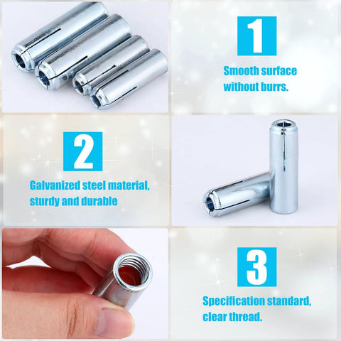 50 Pcs Drop In Anchors Zinc Plated Inner Female Thread Expansion Anchors For Solid Concrete, shown in a hand for detail.