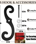 Steel Blind Shutter Hinges 4 Pack 11.75 Inch Black Wrought Iron Offset Pintle Strap Hinges With 2 S Hooks Heavy Duty Rust Resistant Hardware Kit Built To Last Tough As Nails Indoor Outdoor Use shown with S hook, screws, washers, and cotter pin