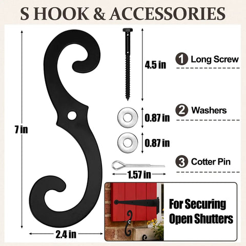 Steel Blind Shutter Hinges 4 Pack 11.75 Inch Black Wrought Iron Offset Pintle Strap Hinges With 2 S Hooks Heavy Duty Rust Resistant Hardware Kit Built To Last Tough As Nails Indoor Outdoor Use shown with S hook, screws, washers, and cotter pin