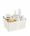 Portable Shower Caddy With Handle For Bathroom And Kitchen, Rust Resistant Durable Organizer With 3 Large Compartments, Easy To Clean, Milky White Finish, Space Saving Toiletries Storage showing bottles and sponge.