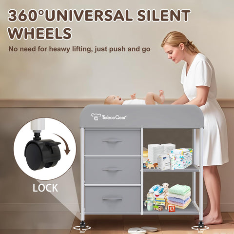 Must Have Portable Baby Changing Table With Waterproof Pad And Diaper Station Dresser Style Organizer showing a mother using the table with baby essentials displayed.