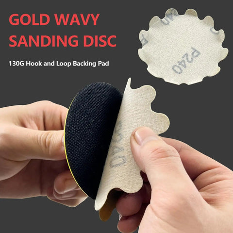 Person holding 3-inch hook and loop sanding disc, showing backing and P240 grit, part of 80 Pack 3 Inch Hook And Loop Sanding Discs Wet And Dry Flex Edge Pads With Grits 60 80 120 150 180 240 400 800 For Sanders And Hand Drills Ideal For Metal Wood Auto Projects And Fine Finishing.