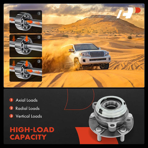 Front Wheel Bearing And Hub Assembly With 5 Lug For Nissan Altima Murano Pathfinder Maxima Infiniti QX60 QX50 JX35 Bolt On Fits 2007 To 2021 Models Durable Hub Smooth Ride Easy Install image showing the assembly and vehicle.