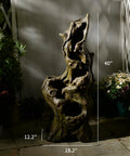 Outdoor 5 Tier Cascading Water Fountain With Realistic Tree Trunk Look, Resin Imitation Wood, LED Accent Lights