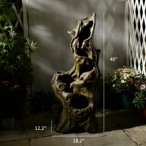 Outdoor 5 Tier Cascading Water Fountain With Realistic Tree Trunk Look, Resin Imitation Wood, LED Accent Lights