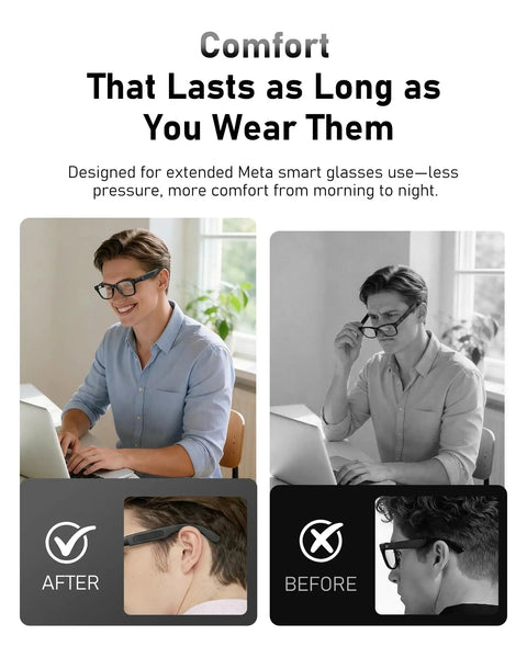 Comparison of Anti Slip Ear Grips For Meta Wayfarer Smart Glasses Silicone Temple Shields For A Snug All Day Fit Compatible With Headliner And Skyler Gen 2 2 Pairs Black before and after use on a man wearing glasses.
