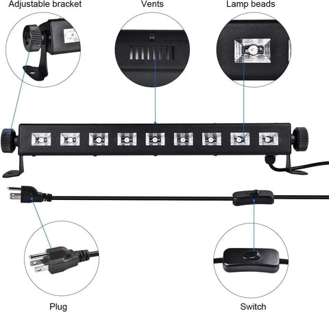 Detailed view of Three Pack 27W LED Black Light Bar Set For Glow Parties, featuring adjustable bracket, vents, lamp beads, plug, and switch.