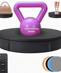 JAYEGT Motorized Rotating Display Stand With Remote Control And 5 Color Backgrounds, Electric Turntable showing a pink kettlebell and a handbag.