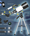 Diagram of High Powered 150X Portable Telescope With 70mm Aperture HD Refractor Dope Optics detailing components and setup.