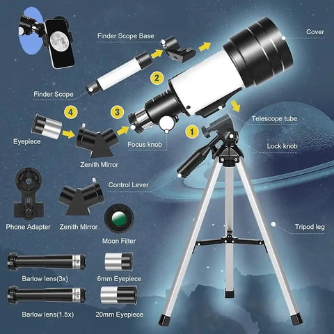Diagram of High Powered 150X Portable Telescope With 70mm Aperture HD Refractor Dope Optics detailing components and setup.