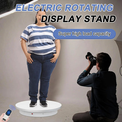 Super Heavy Duty Motorized Turntable With Speed Adjustable Base For Human 3D Scan And Store Display with model and photographer.