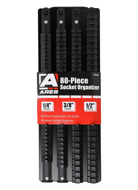 80 Piece Socket Organizer Rail Set For 1/4, 3/8, And 1/2 Inch Drives in slim black rack with red label
