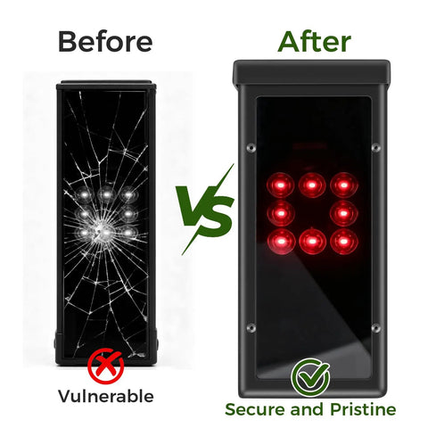 Protective Shield Case For Square Golf Launch Monitor With Metal Shell And Clear Acrylic Panel, before and after use.
